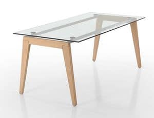 Beppe, Tavolo rettangolare con gambe in legno e piano in vetro