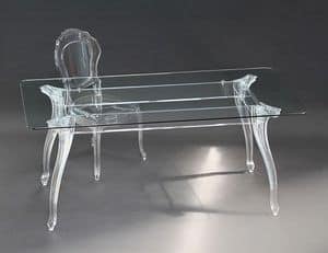 Belle Epoque tavolo rettangolare, Elegante tavolo rettangolare, con piano in vetro, gambe in policarbonato dal design classico