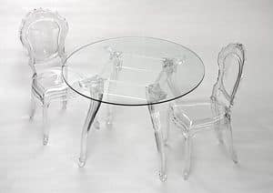 Belle Epoque tavolo rotondo, Elegante tavolo tondo, con piano in vetro, gambe in policarbonato dal design classico