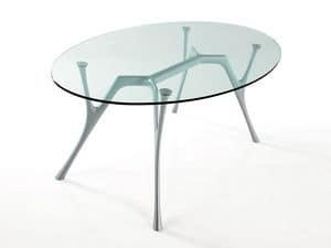Pegaso, Tavolo ovale in alluminio con piano in vetro, per salotti
