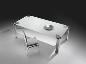 Flow rectangular, Tavolo da pranzo con base in metallo, piano in cristallo