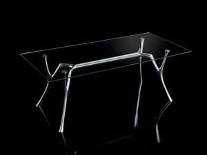 Pegaso 2, Tavolo design in alluminio con piano in vetro trasparente