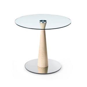 Composit 4, Tavolino tondo con base in metallo e legno, piano in vetro