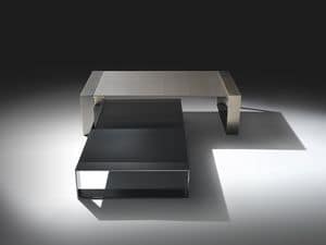 Ring low table, Tavolino lineare in acciaio e cristallo, per salotti