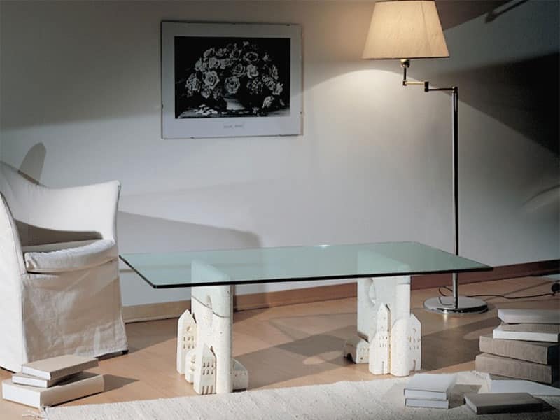 Carioca, Tavolino moderno in pietra con piano in vetro