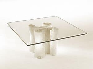 Pergamena, Tavolino con piano quadrato in vetro, base in pietra
