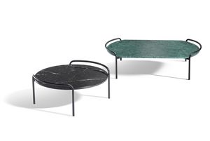 Pompon, Tavolino in metallo con piano rettangolare o rotondo in Marmo