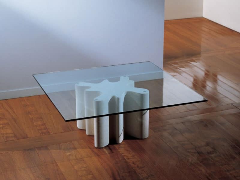 Splash, Tavolino da centro sala con base in pietra, piano in vetro