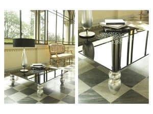 t113 decor, Tavolino con gambe in legno massello, piano in vetro
