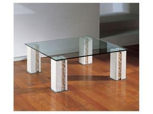 Tracce, Tavolino con 4 gambe in pietra, piano in vetro