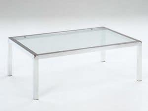 Vega, Tavolino in  acciaio inox lucido, piano in vetro temperato