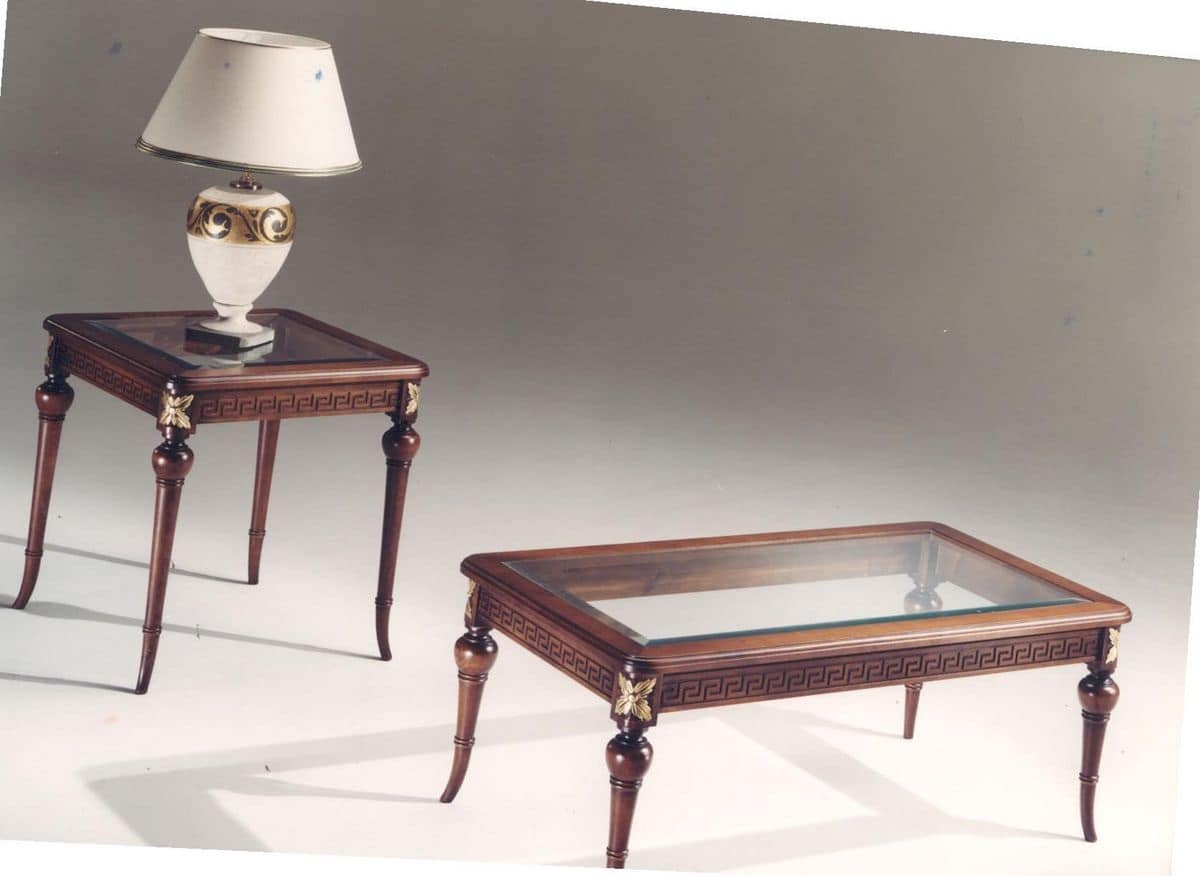 3040 TAVOLINI, Tavolino rettangolare in legno intarsiato, piano in vetro