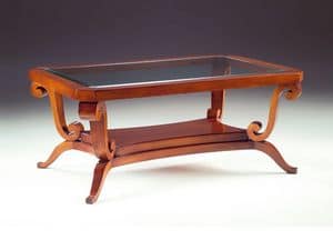 Art. 1385 Arca, Tavolino basso, in legno, piano in cristallo, per albergo