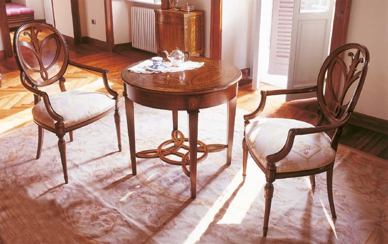 Tavolino rotondo in legno intarsiato, per soggiorni classici