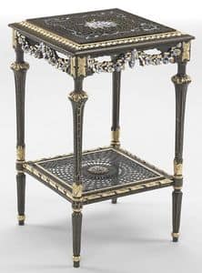 Art. L-1090 K, Tavolino quadrato con ripiano, decorazioni a foglia oro, ideale per ambienti in stile classico