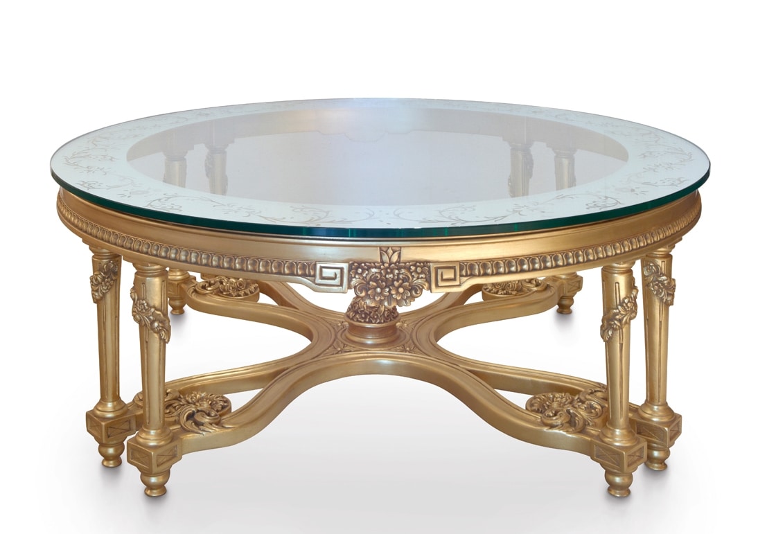 Ginepro, Tavolino in legno massello foglia oro, con intagli, piano in vetro