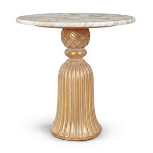 Tavolino 25-1006, Tavolino in legno finitura oro, con piano tondo in marmo