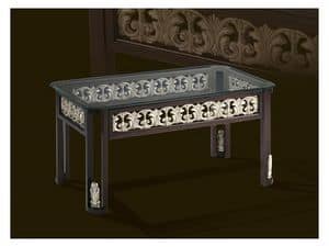Tavolino Wien, Tavolino in mogano con piano in cristallo, stile classico