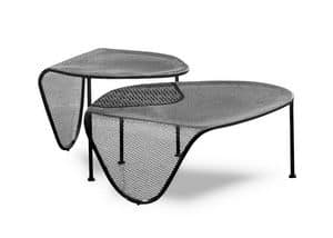 Elitre uno due, Tavolini in tubo di metallo, piano con effetto moir, anche per esterni