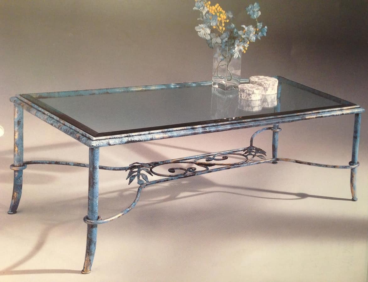 Tavolino da salotto in ferro battuto e vetro