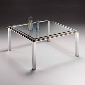 DOMUS 2168, Tavolino quadrato in ottone cromato e cristallo con bisello
