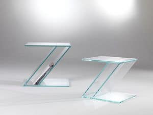 Tavolino 02, Tavolino in vetro, a forma di zeta, con portariviste