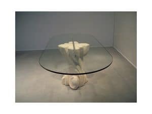Nuoveau, Tavolo ovale con piano in cristallo, base in pietra