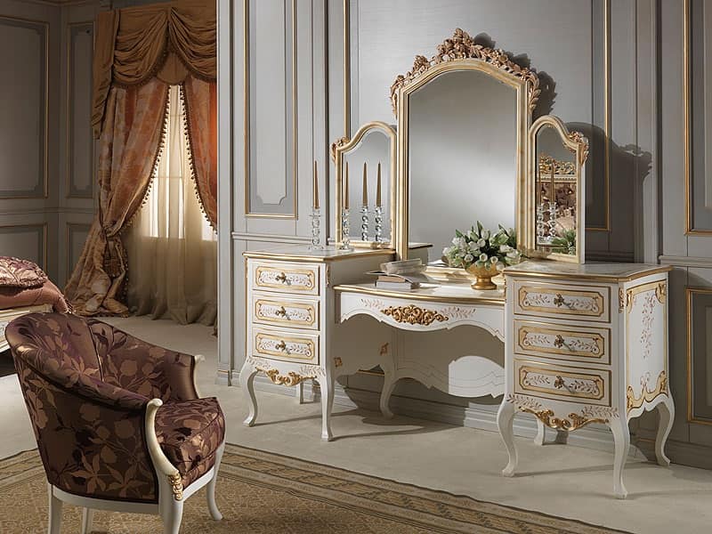 Art. 941 dressing table, Toilettes con specchio, stile classico, legno finitura avorio
