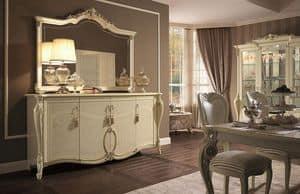 Tiziano buffet, Credenza 4 ante, finiture foglia oro, per soggiorno in stile classico