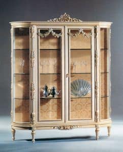 Art. L-925, Vetrina in legno laccato bianco, 2 porte e ripiani in cristallo, in stile classico di lusso
