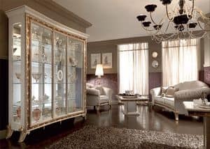 Raffaello vetrina 3 ante, Vetrina in stile classico, con elegante disegno decorato con serigrafie in polveri dorate, per la sala da pranzo lussuosa